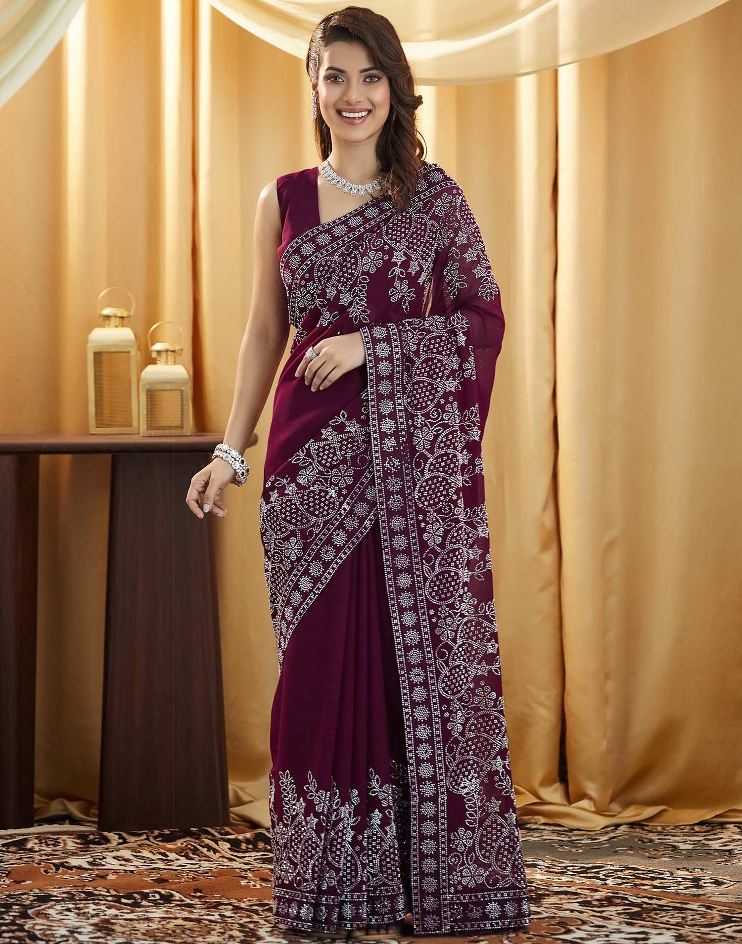 Wine Stone Work Georgette Saree
