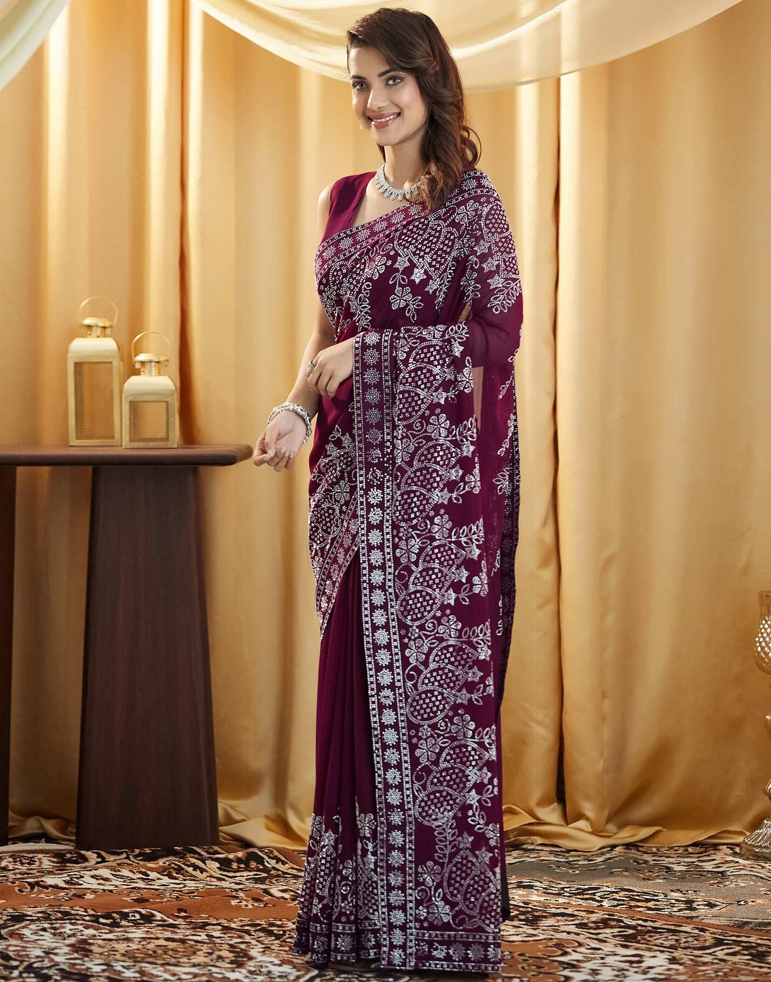 Wine Stone Work Georgette Saree