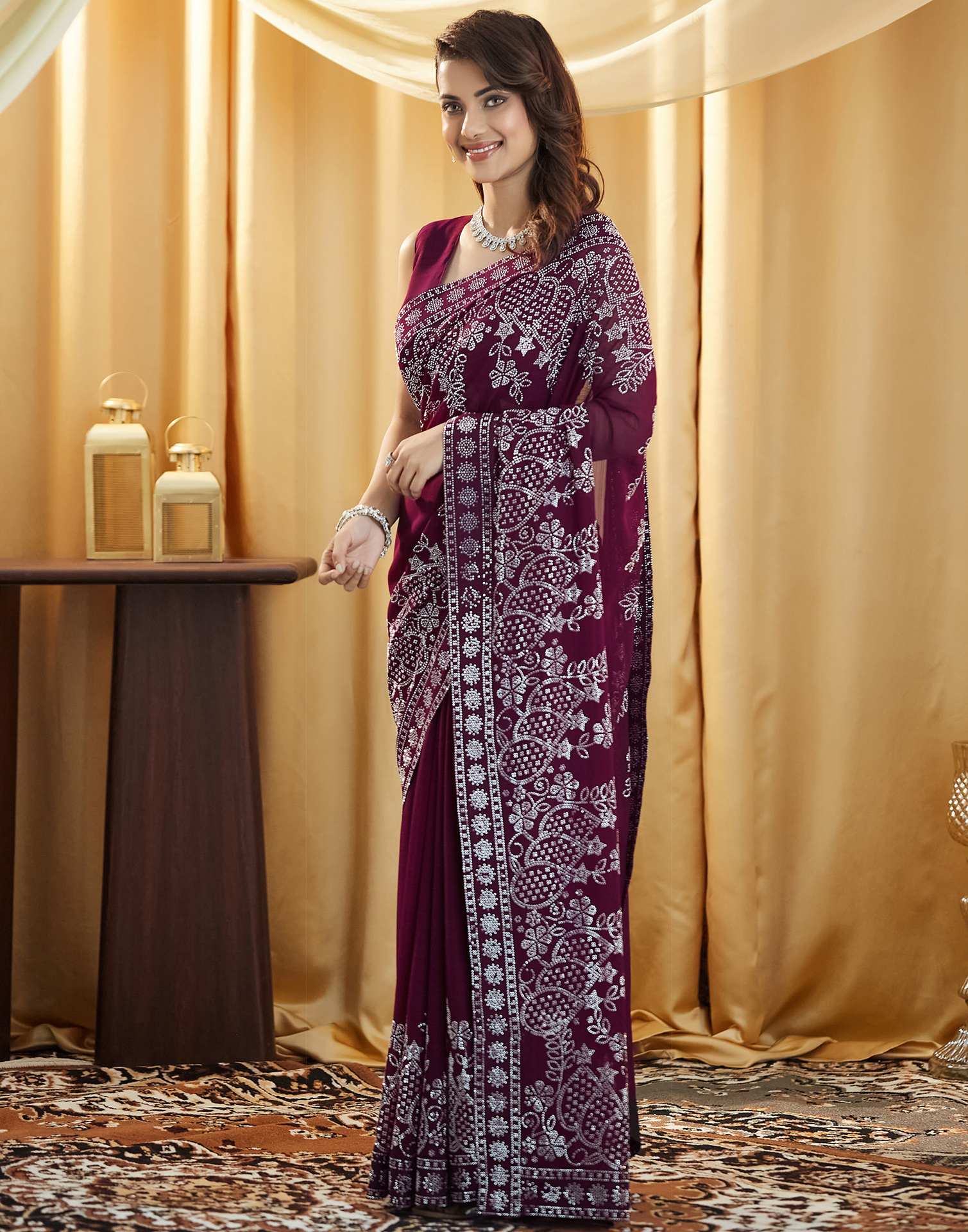 Wine Stone Work Georgette Saree