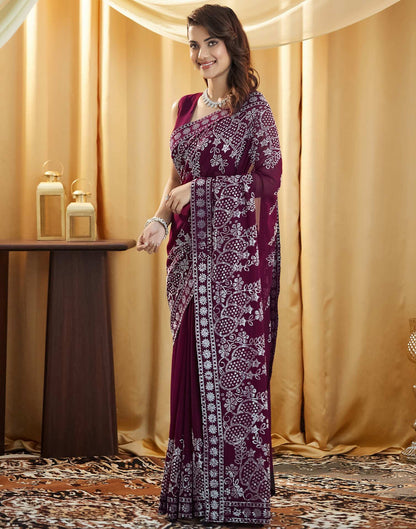 Wine Stone Work Georgette Saree