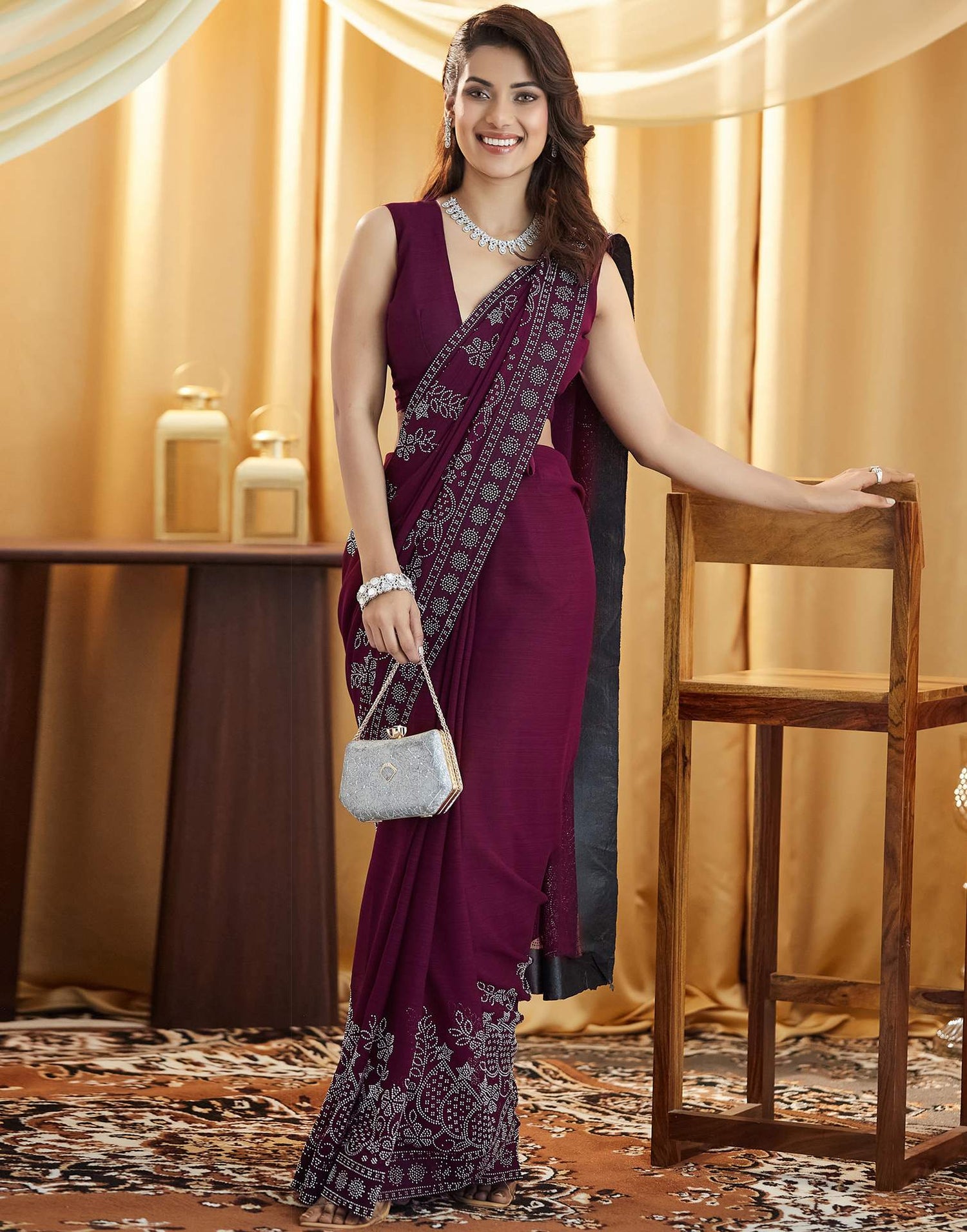 Wine Stone Work Georgette Saree
