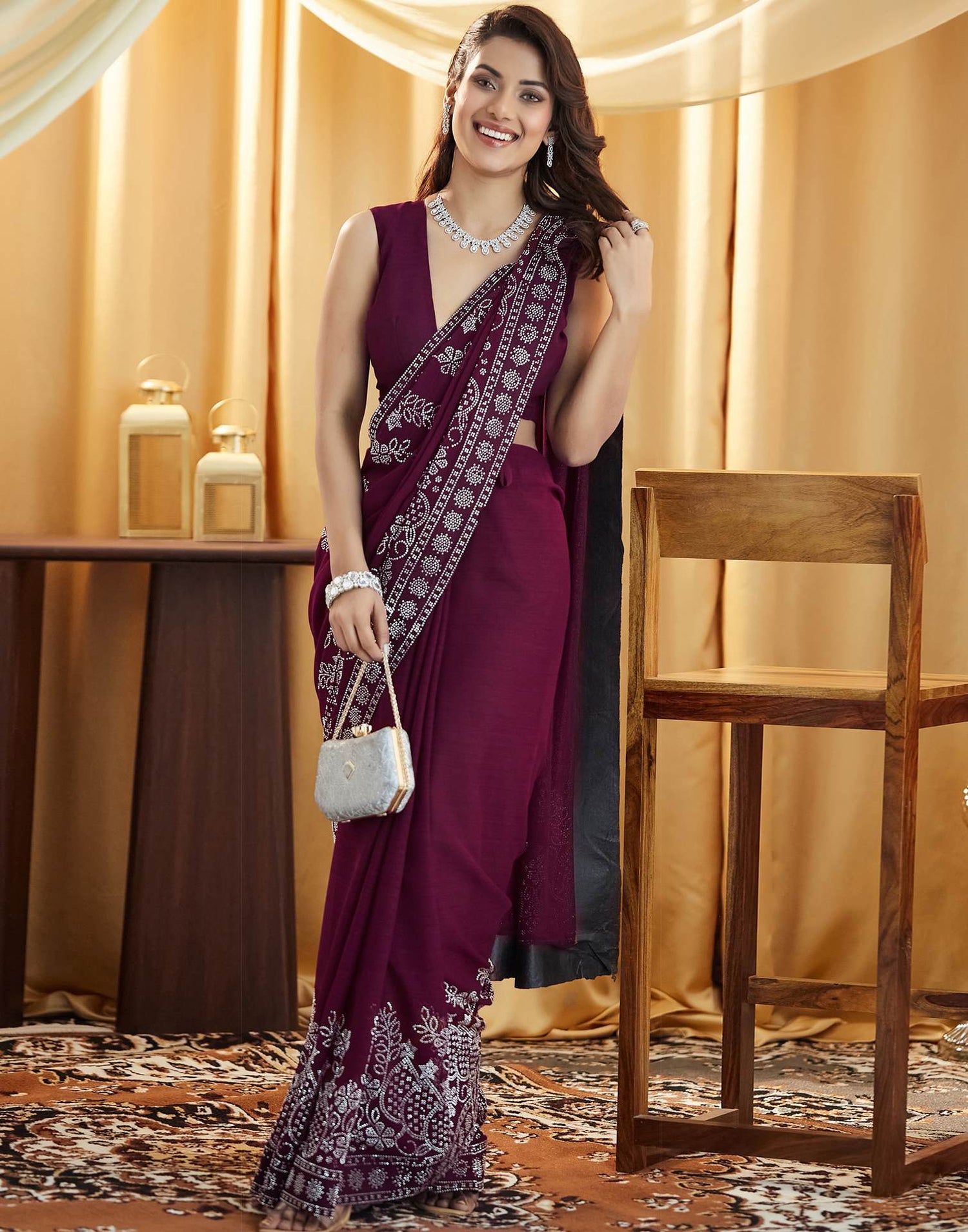 Wine Stone Work Georgette Saree