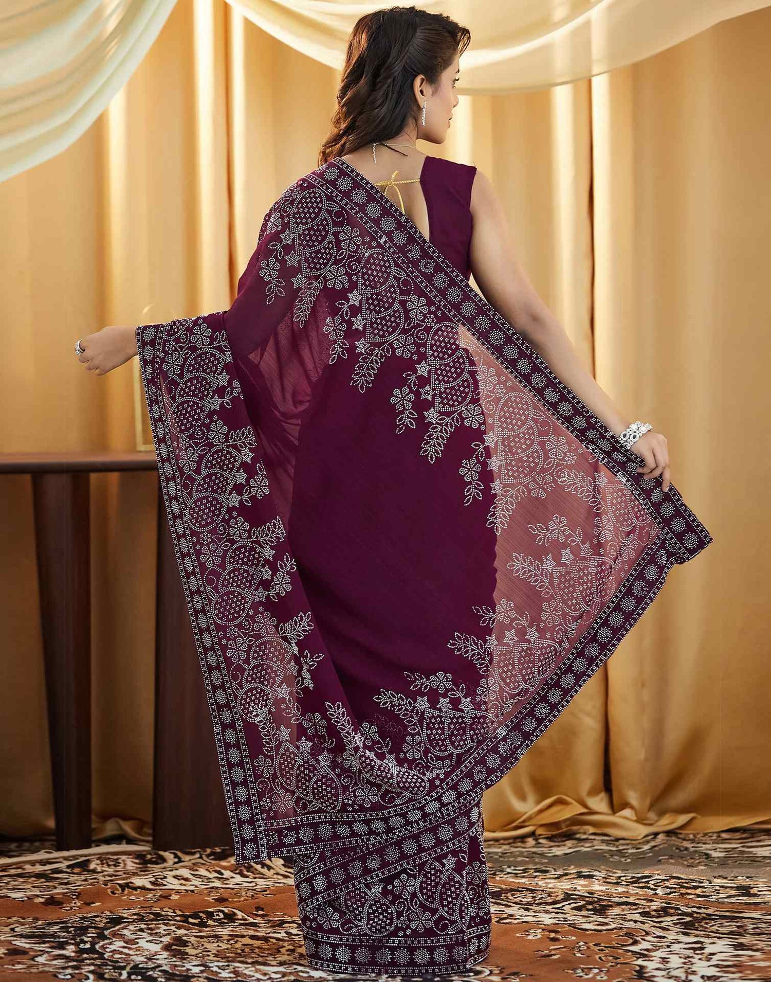 Wine Stone Work Georgette Saree