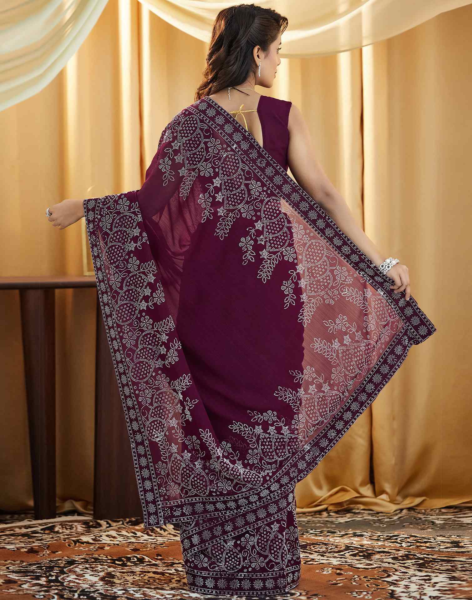 Wine Stone Work Georgette Saree