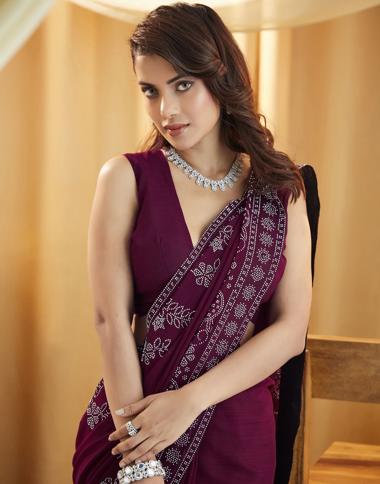Wine Stone Work Georgette Saree