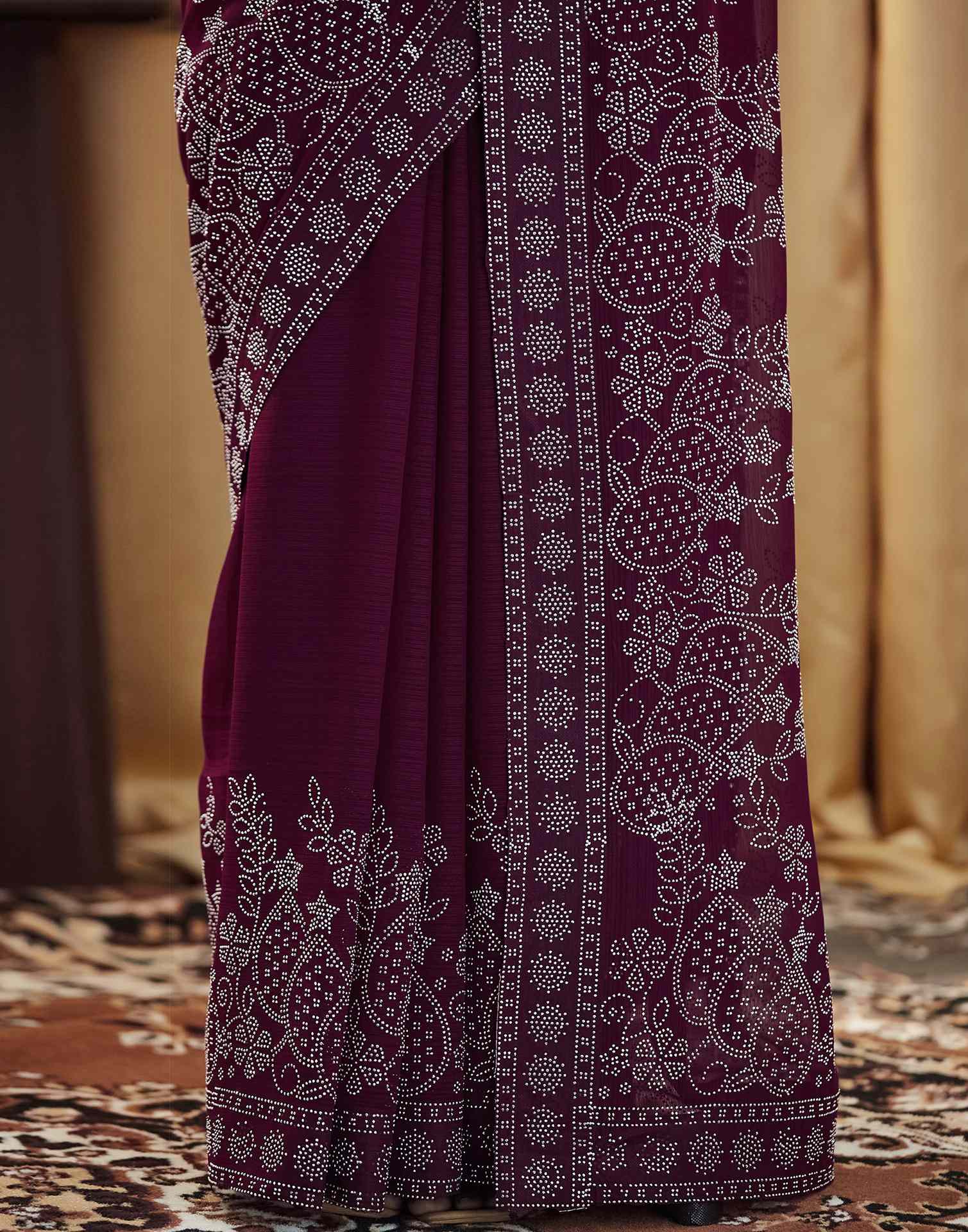 Wine Stone Work Georgette Saree