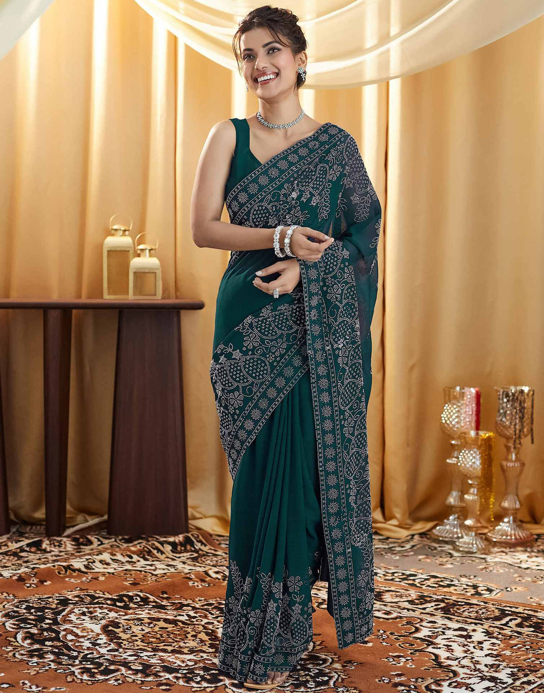 Dark Green Stone Work Georgette Saree