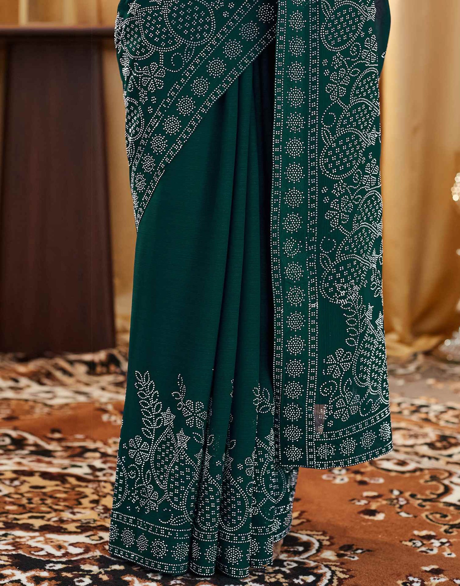 Dark Green Stone Work Georgette Saree