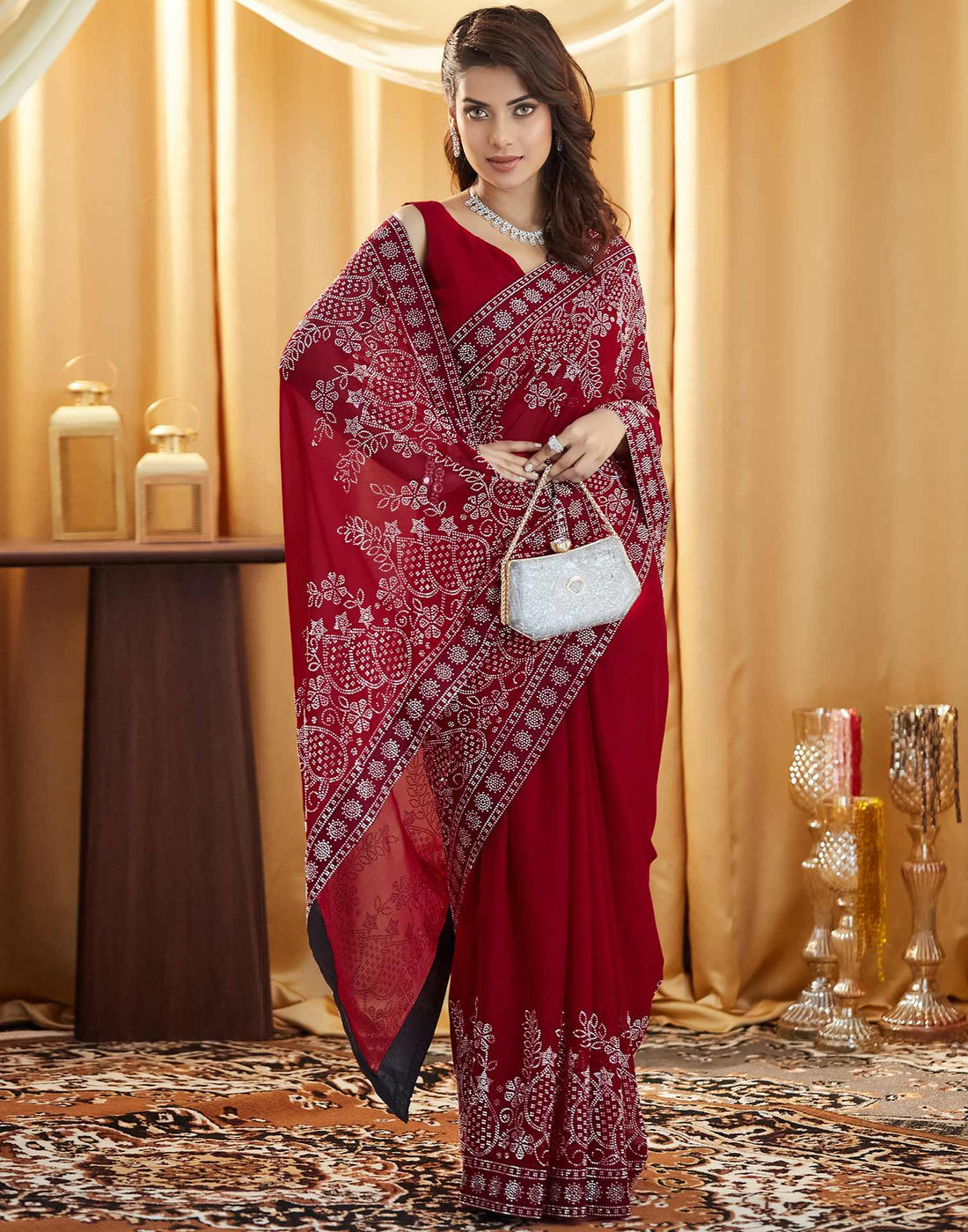 Red Stone Work Georgette Saree