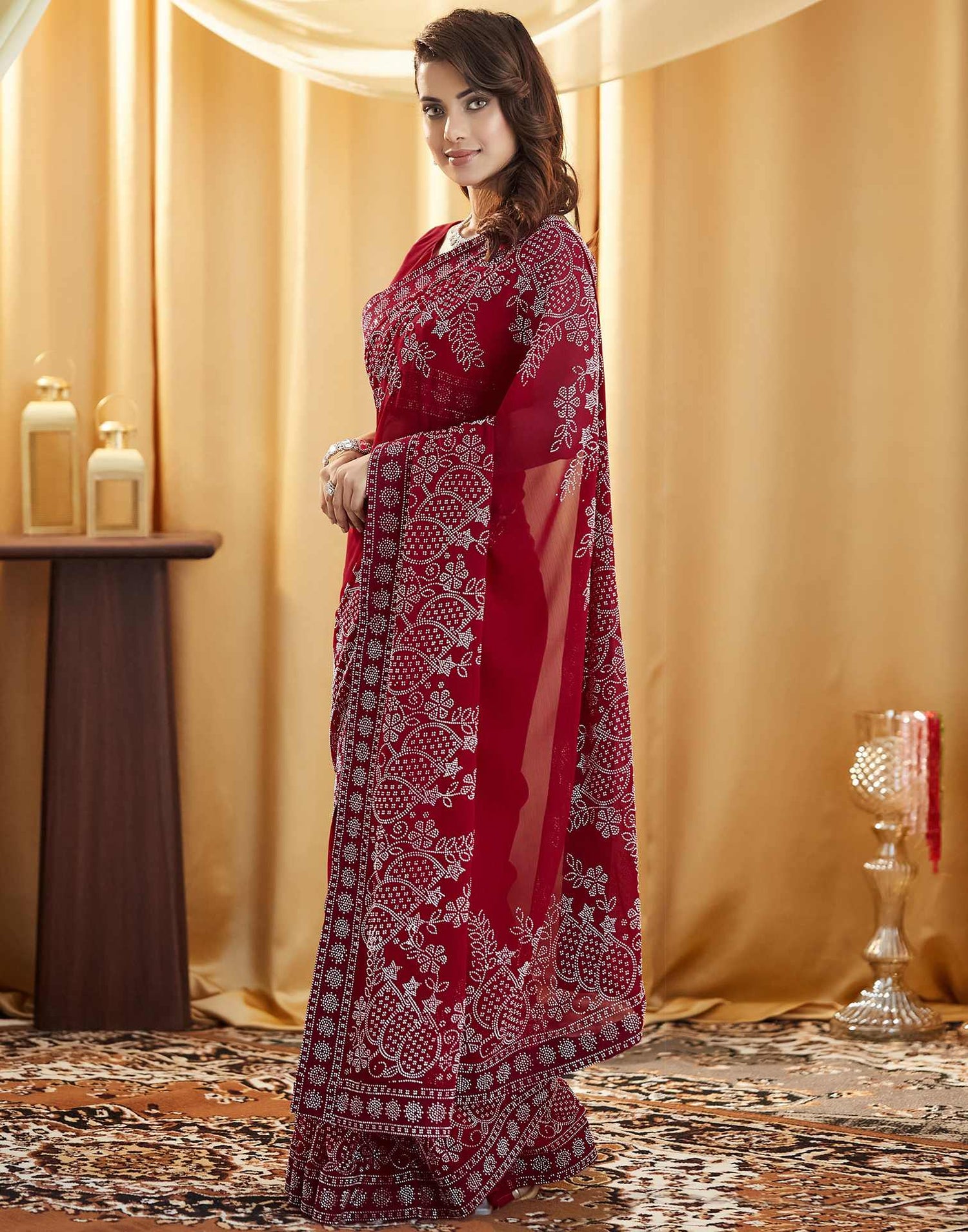 Red Stone Work Georgette Saree