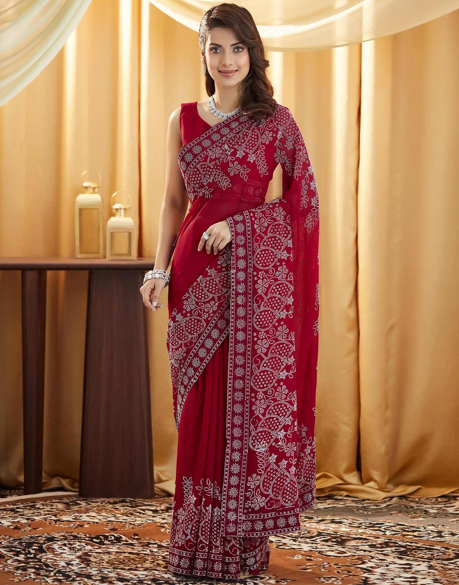 Red Stone Work Georgette Saree