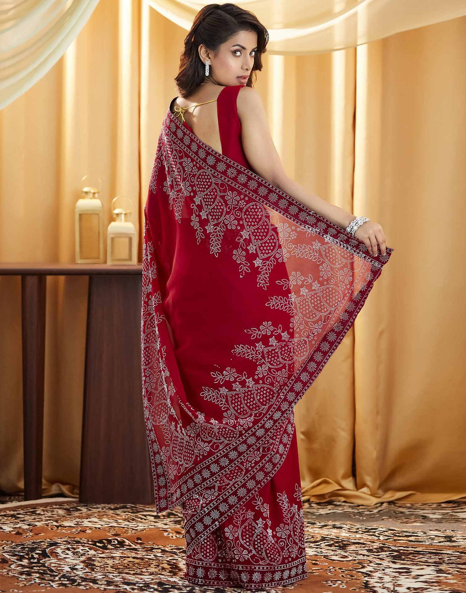 Red Stone Work Georgette Saree