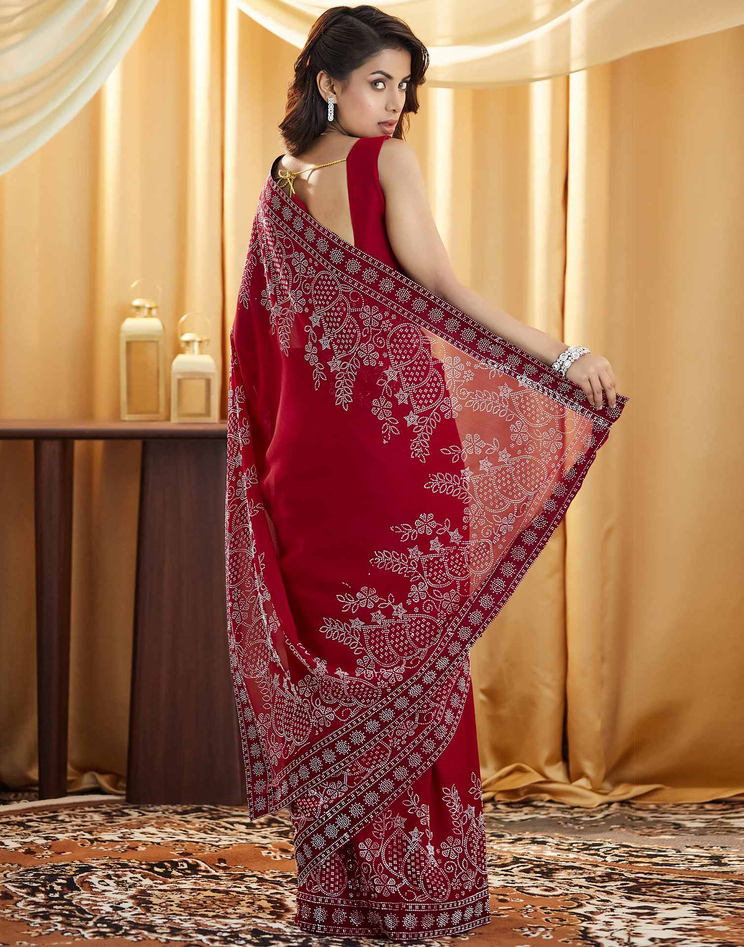Red Stone Work Georgette Saree
