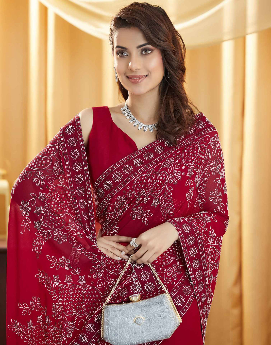 Red Stone Work Georgette Saree
