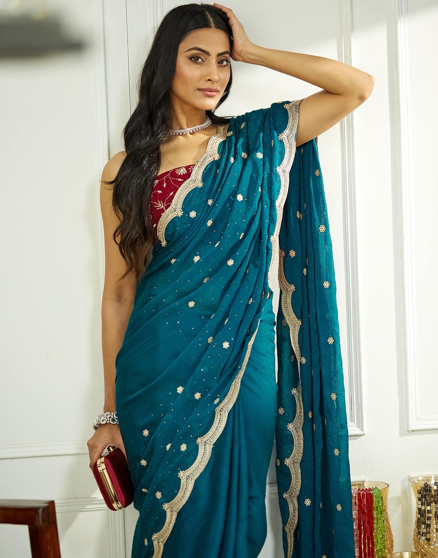 Teal Blue Embroidery Silk Saree