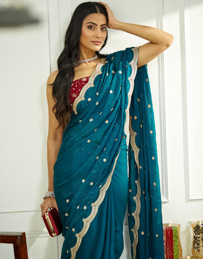 Teal Blue Embroidery Silk Saree