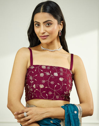 Teal Blue Embroidery Silk Saree