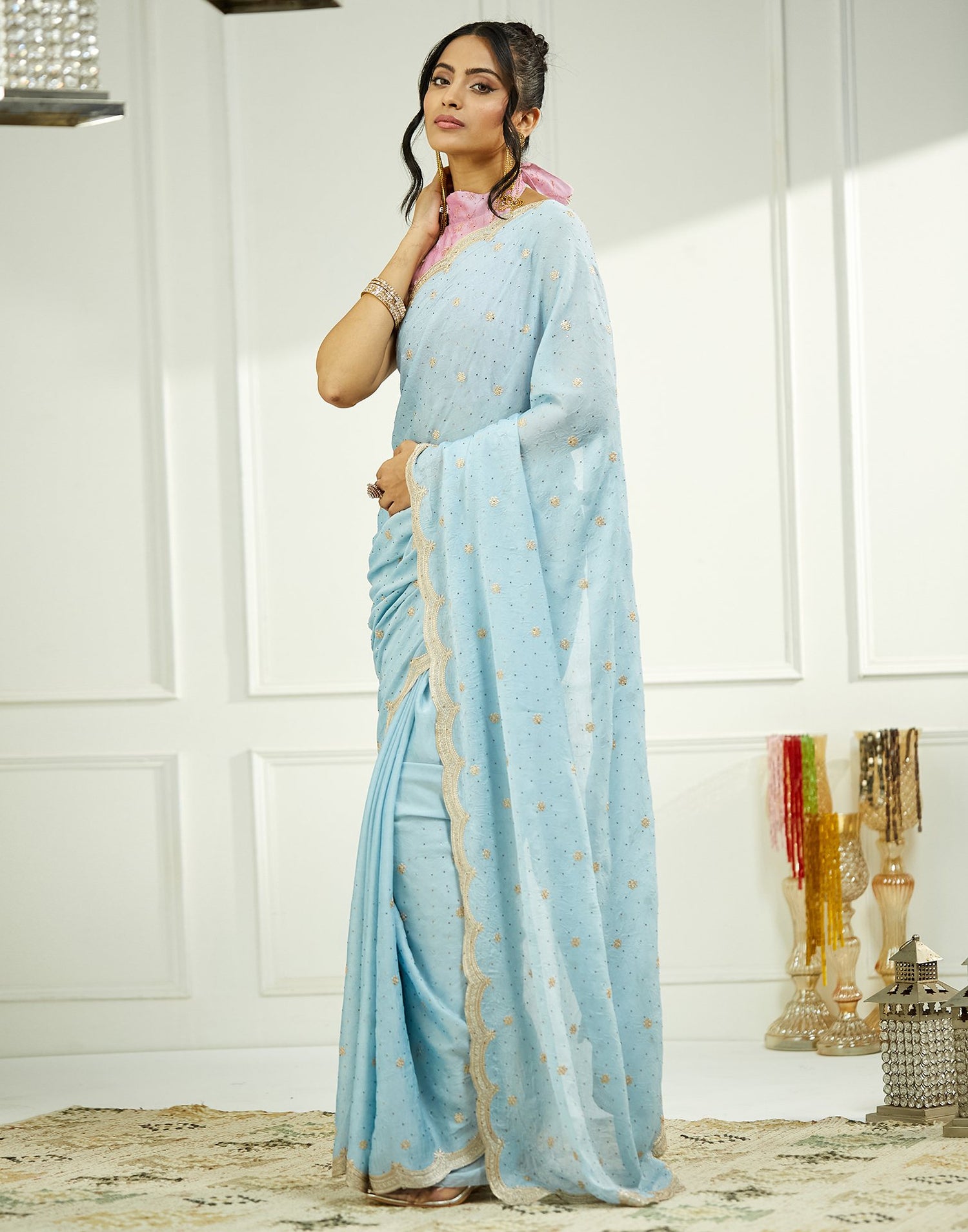 Light Blue Embroidery Silk Saree
