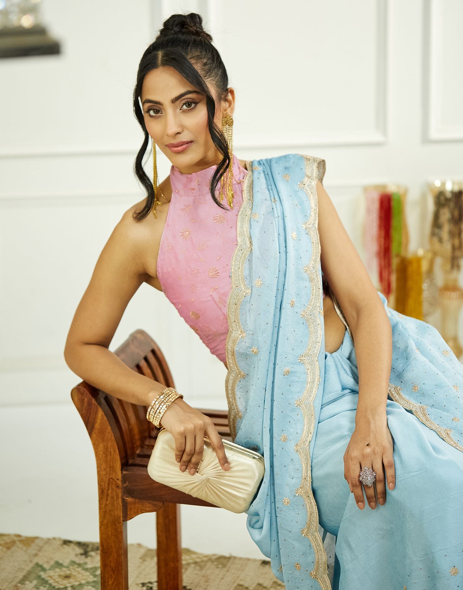 Light Blue Embroidery Silk Saree