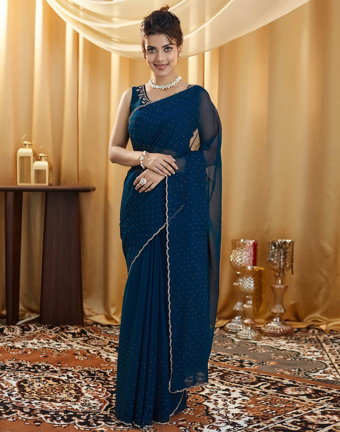 Rama Blue Stone Work Georgette Saree