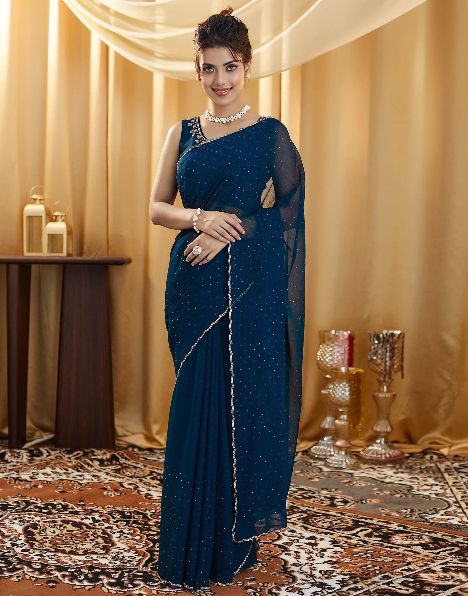 Rama Blue Stone Work Georgette Saree