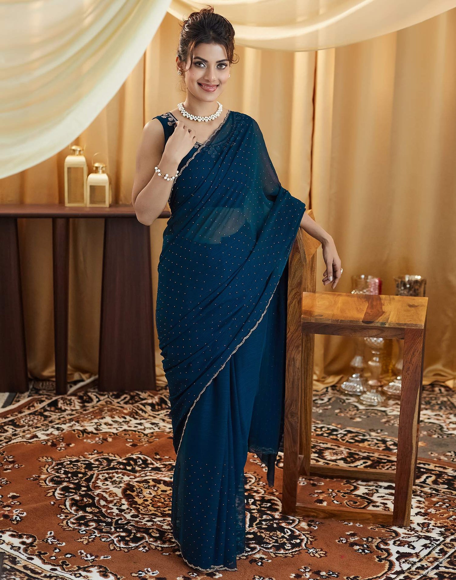 Rama Blue Stone Work Georgette Saree