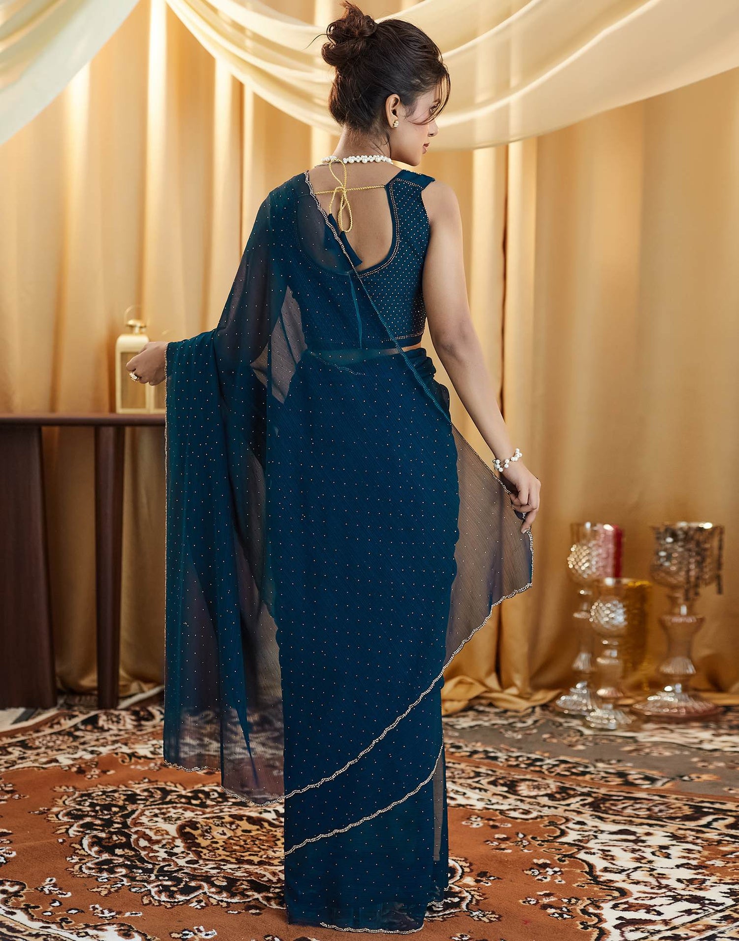 Rama Blue Stone Work Georgette Saree