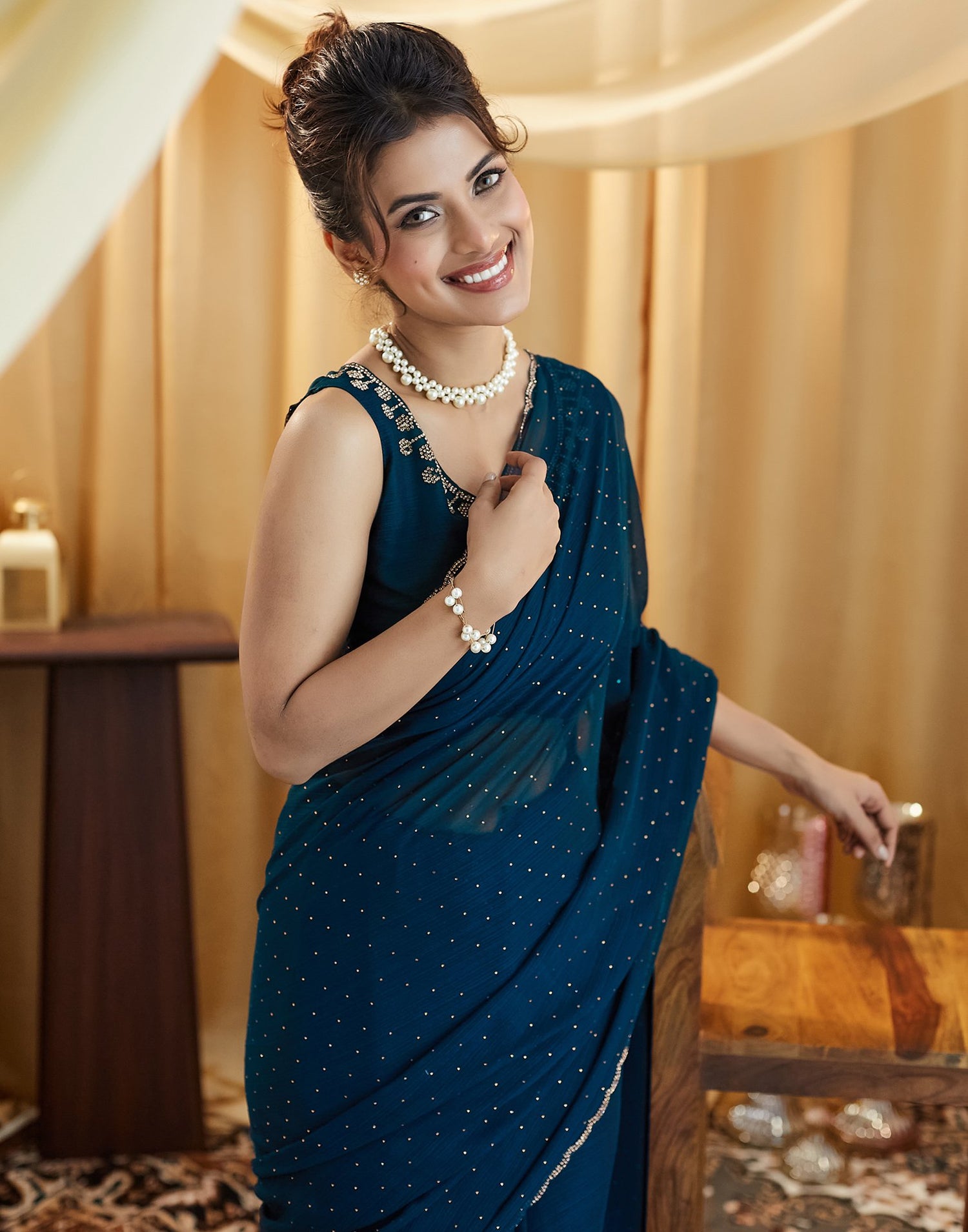 Rama Blue Stone Work Georgette Saree