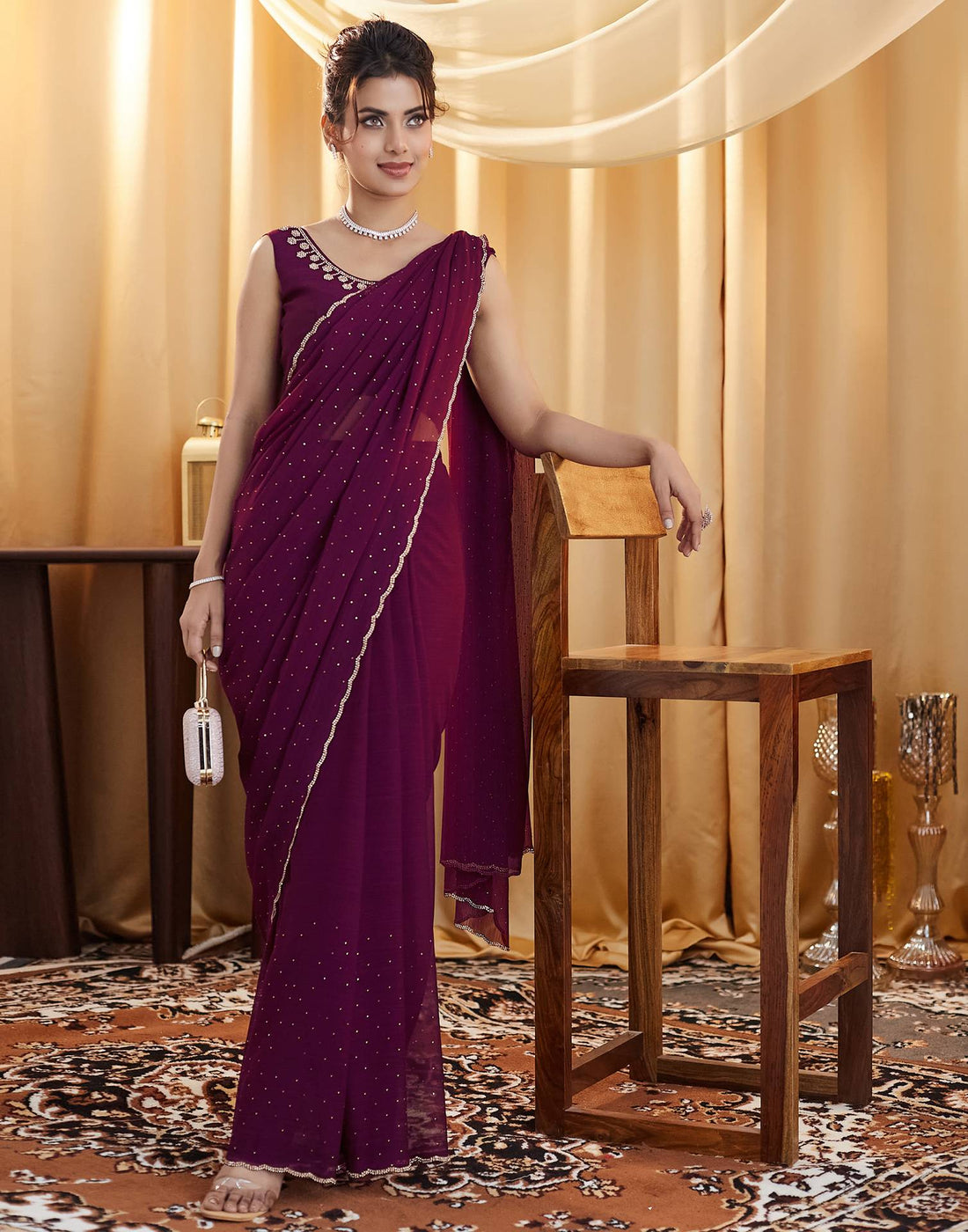 Wine Stone Work Georgette Saree