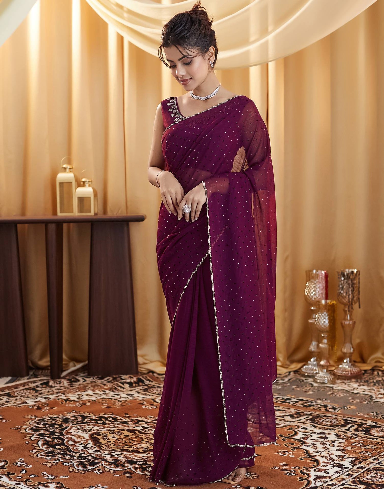 Wine Stone Work Georgette Saree