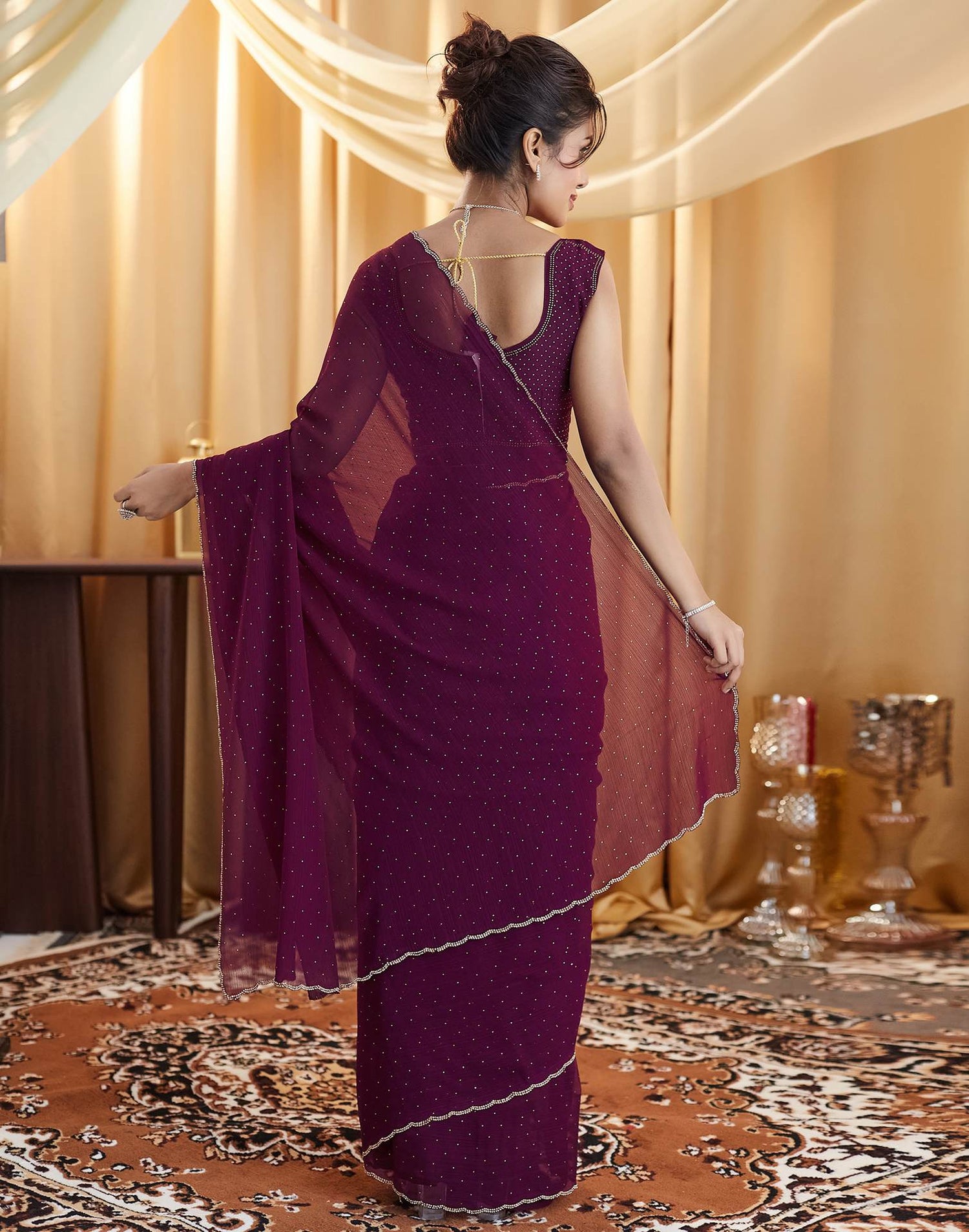Wine Stone Work Georgette Saree