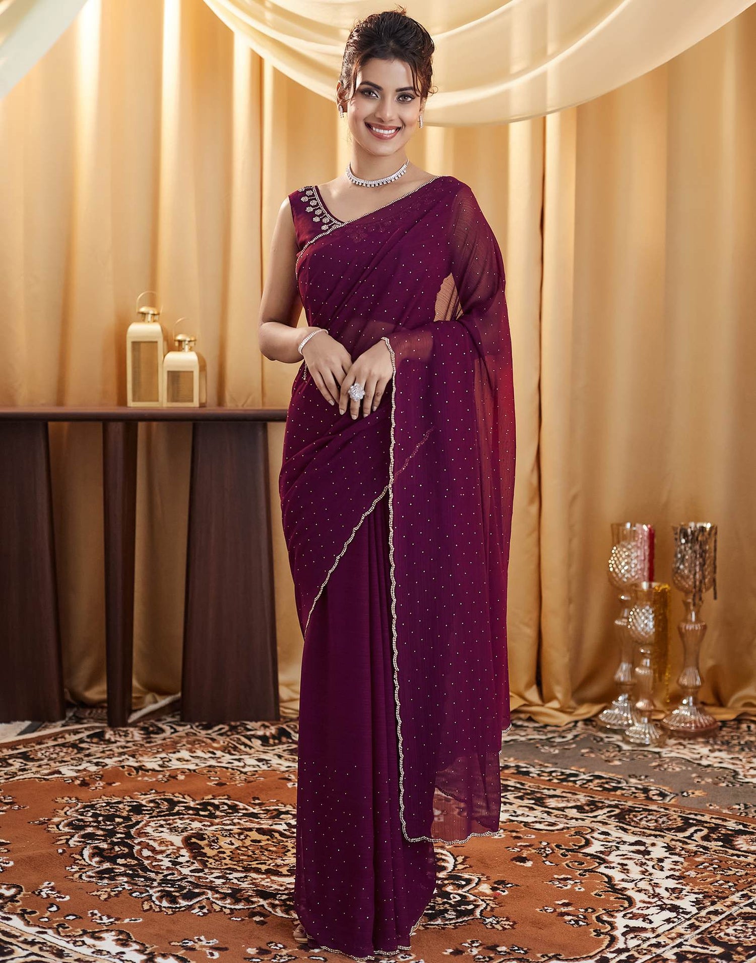 Wine Stone Work Georgette Saree