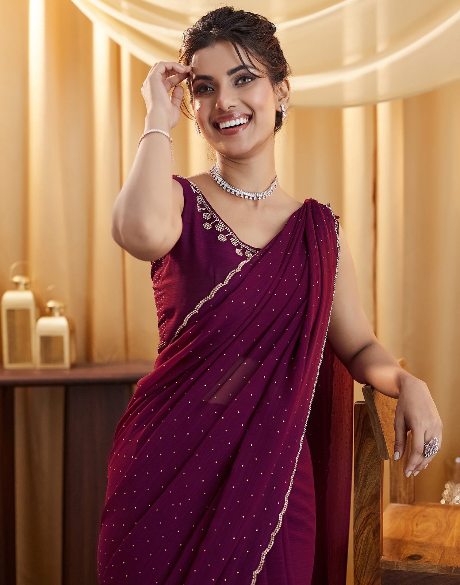 Wine Stone Work Georgette Saree