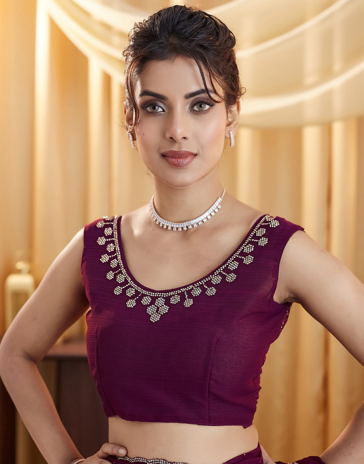 Wine Stone Work Georgette Saree
