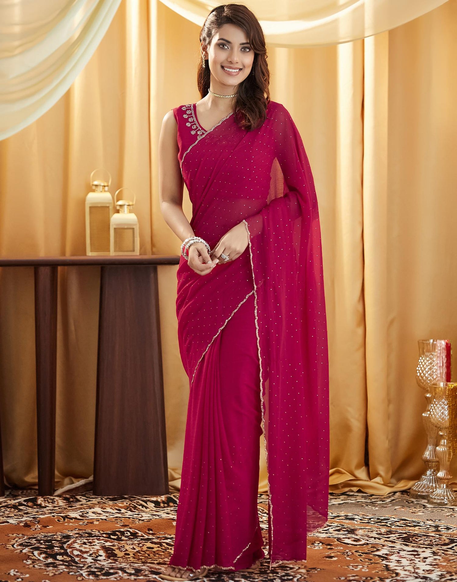 Dark Pink Stone Work Georgette Saree