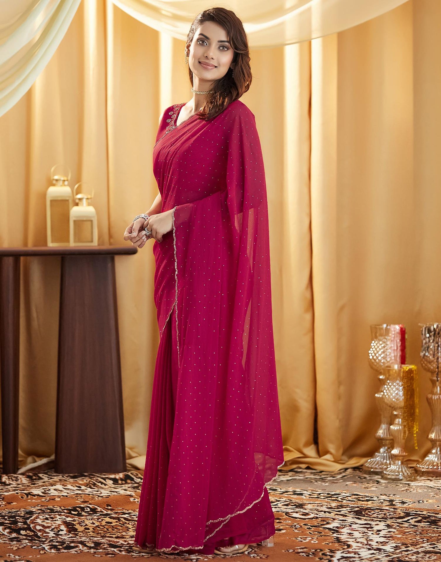 Dark Pink Stone Work Georgette Saree