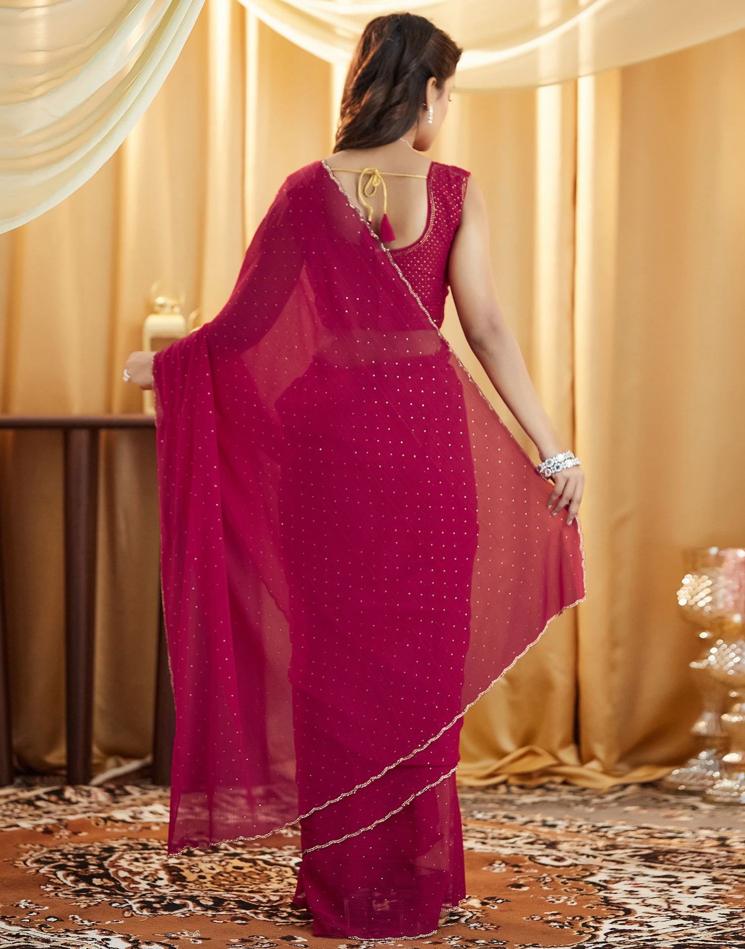 Dark Pink Stone Work Georgette Saree
