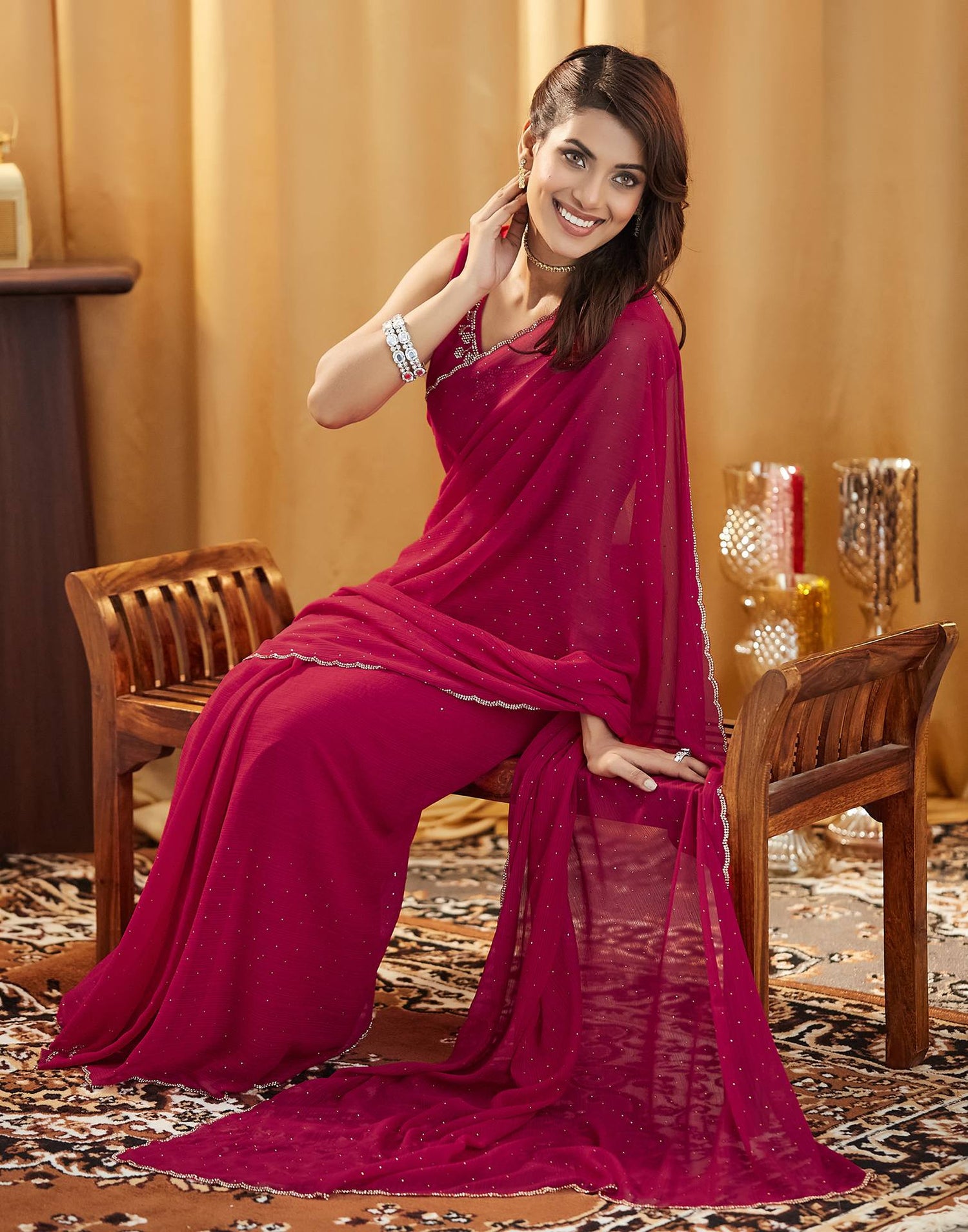 Dark Pink Stone Work Georgette Saree