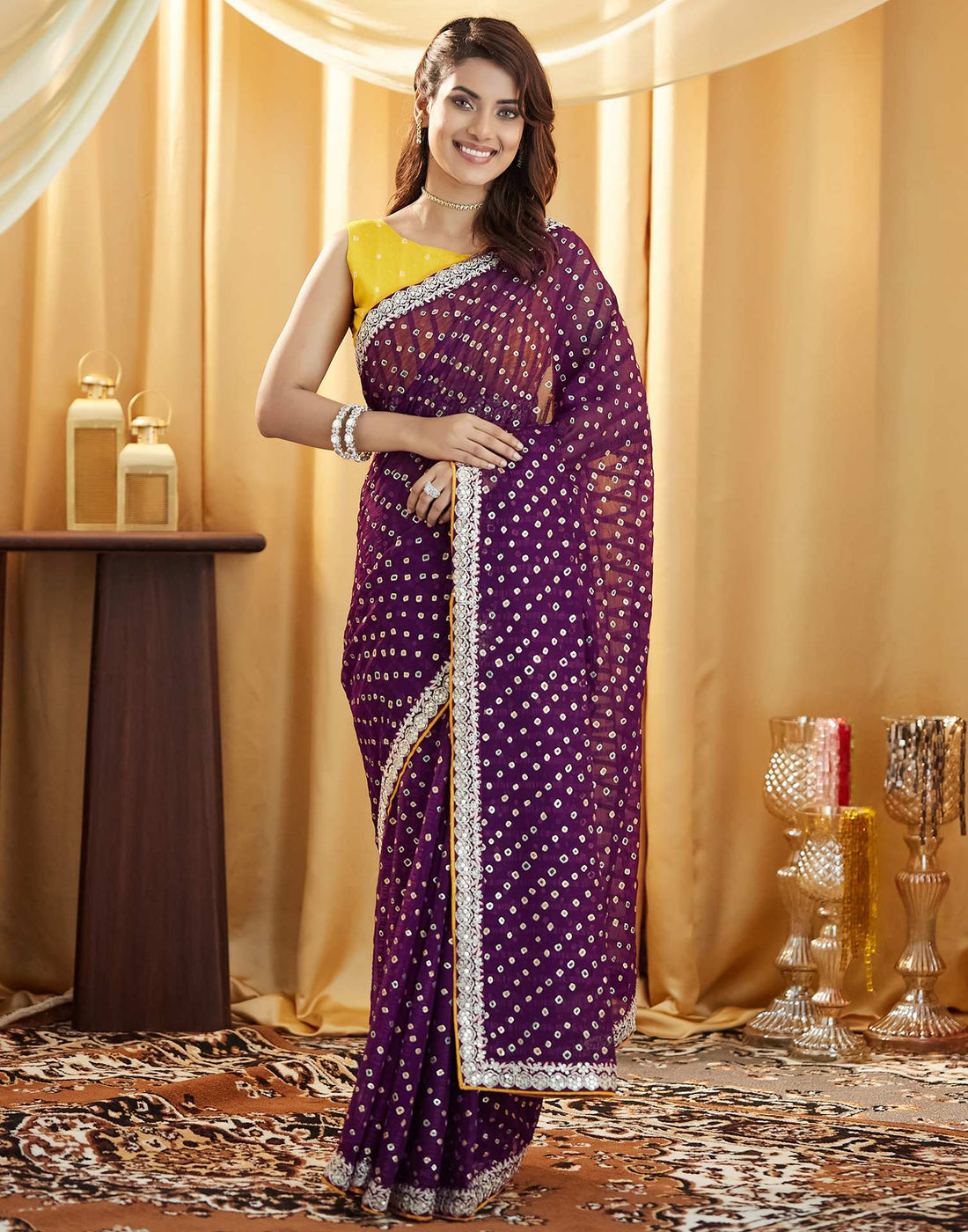 Wine Bandhani Printed Georgette Saree