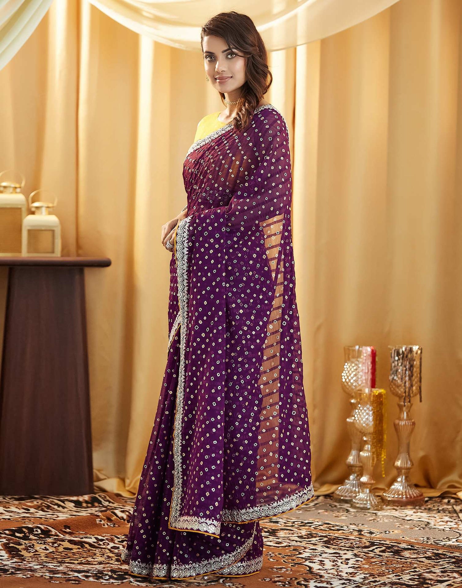 Wine Bandhani Printed Georgette Saree