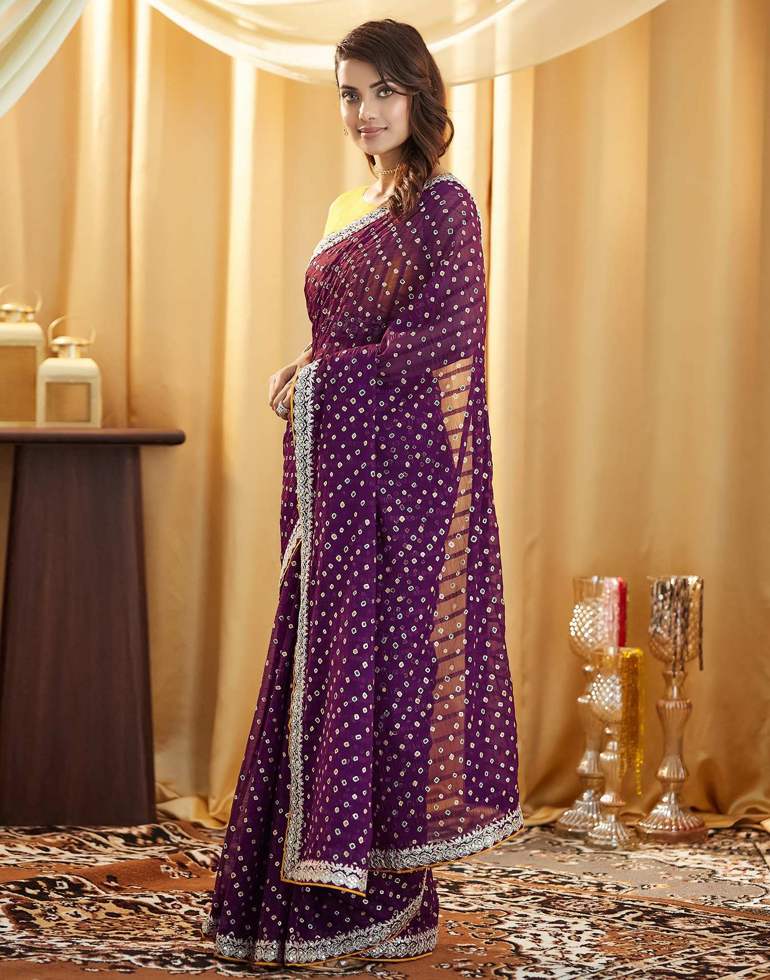 Wine Bandhani Printed Georgette Saree
