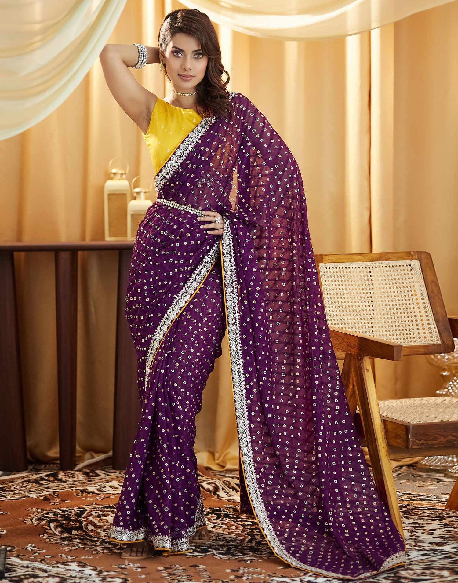 Wine Bandhani Printed Georgette Saree