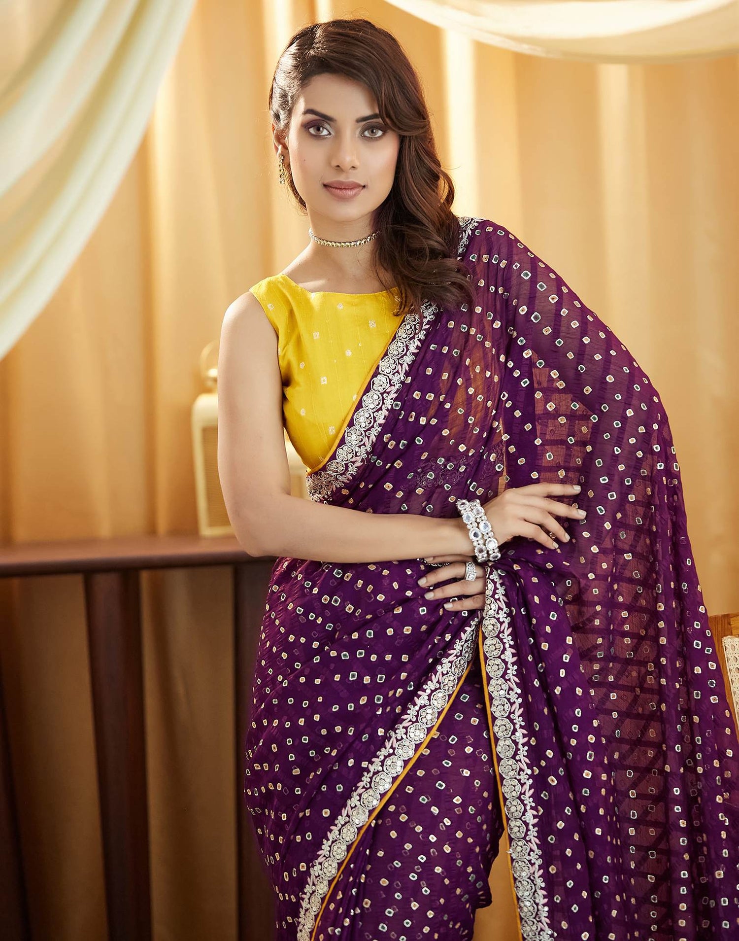 Wine Bandhani Printed Georgette Saree
