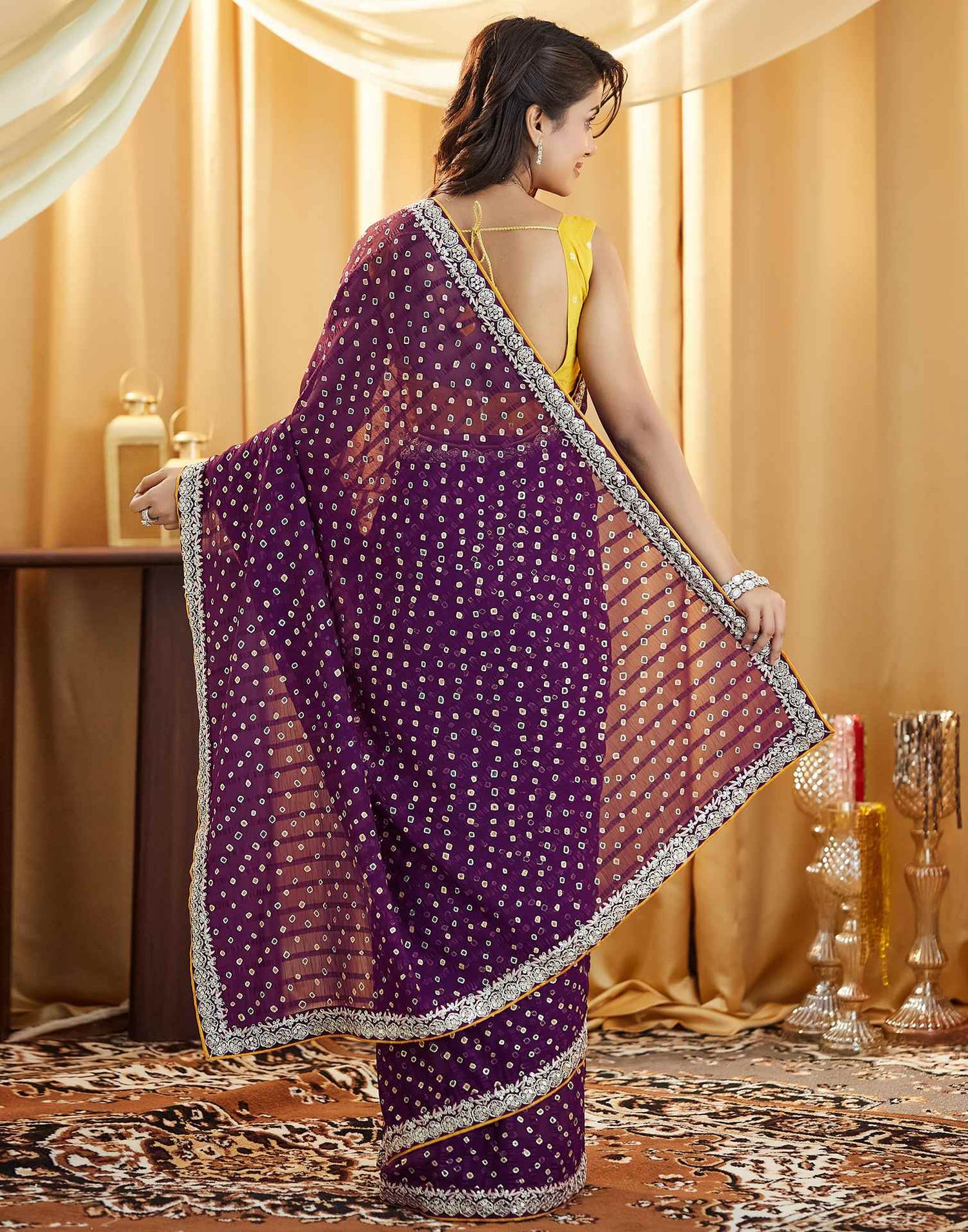 Wine Bandhani Printed Georgette Saree