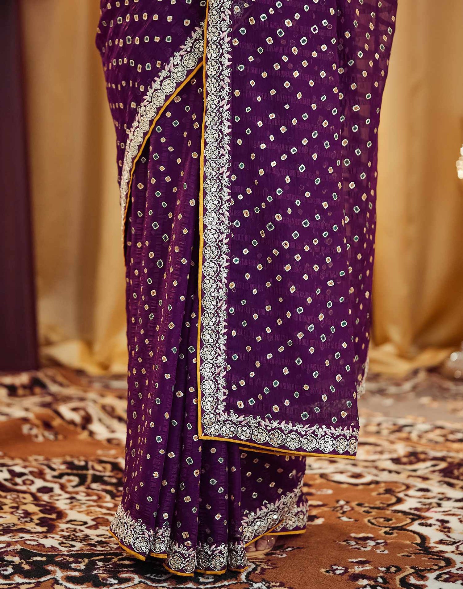 Wine Bandhani Printed Georgette Saree
