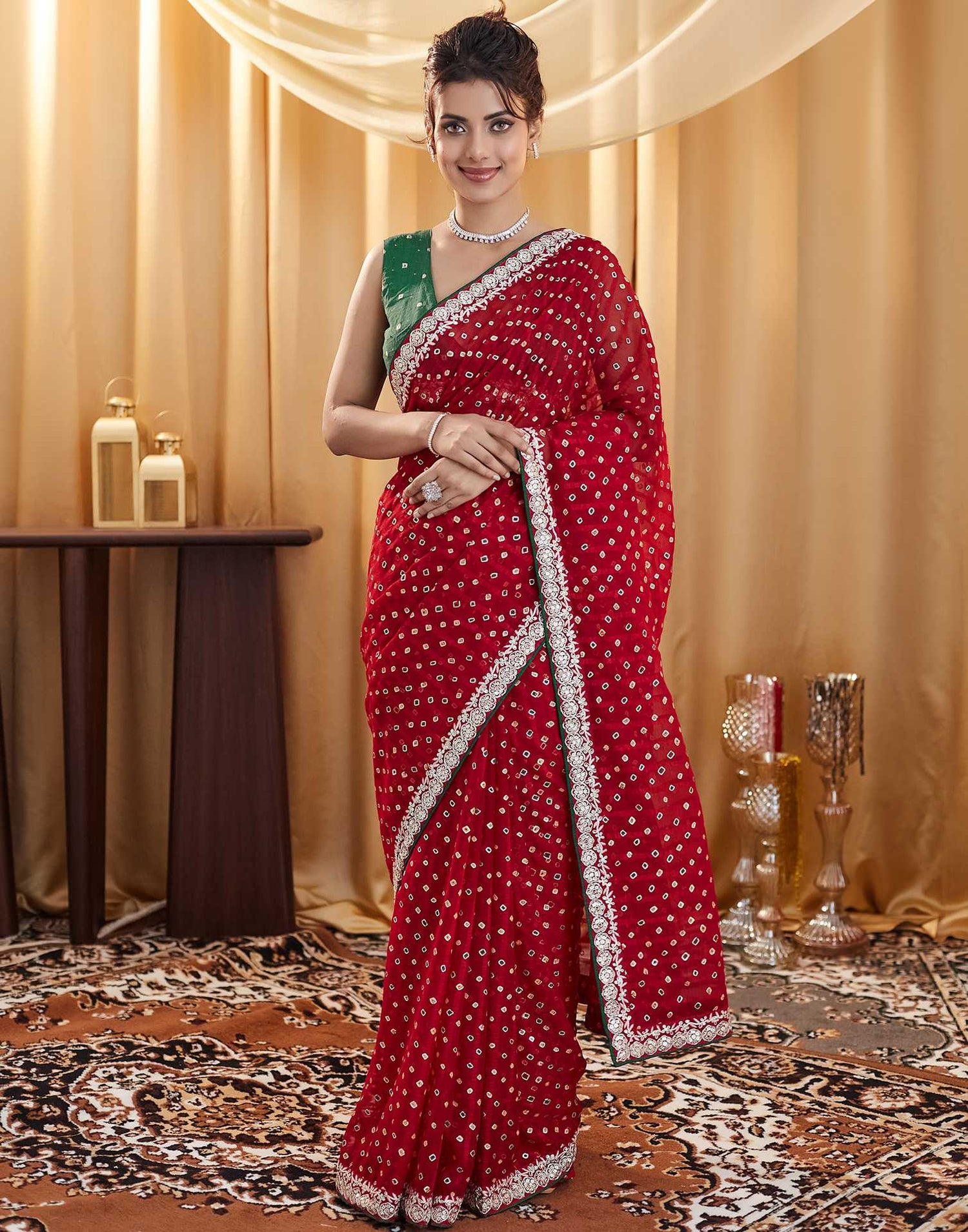 Red Bandhani Printed Georgette Saree