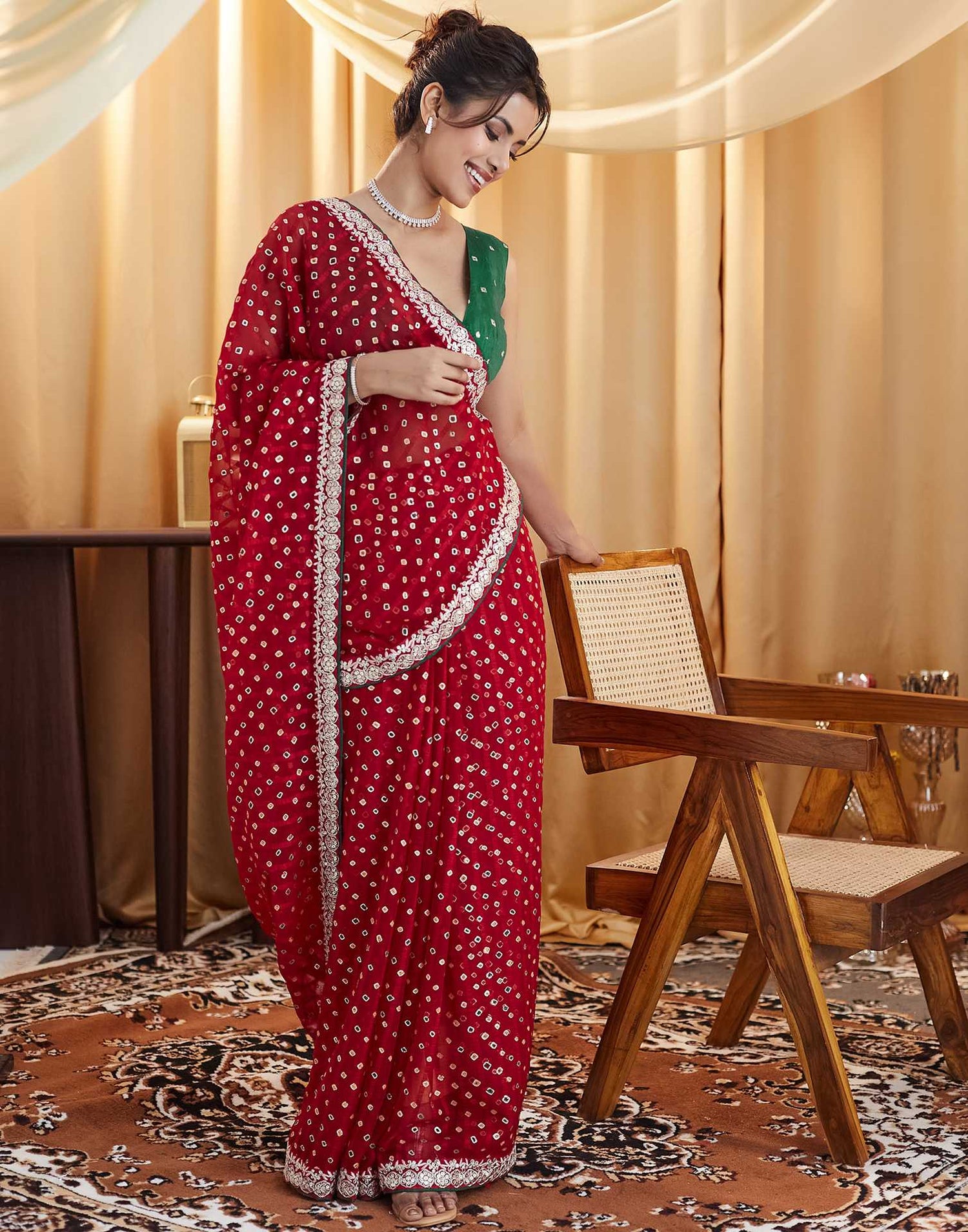 Red Bandhani Printed Georgette Saree