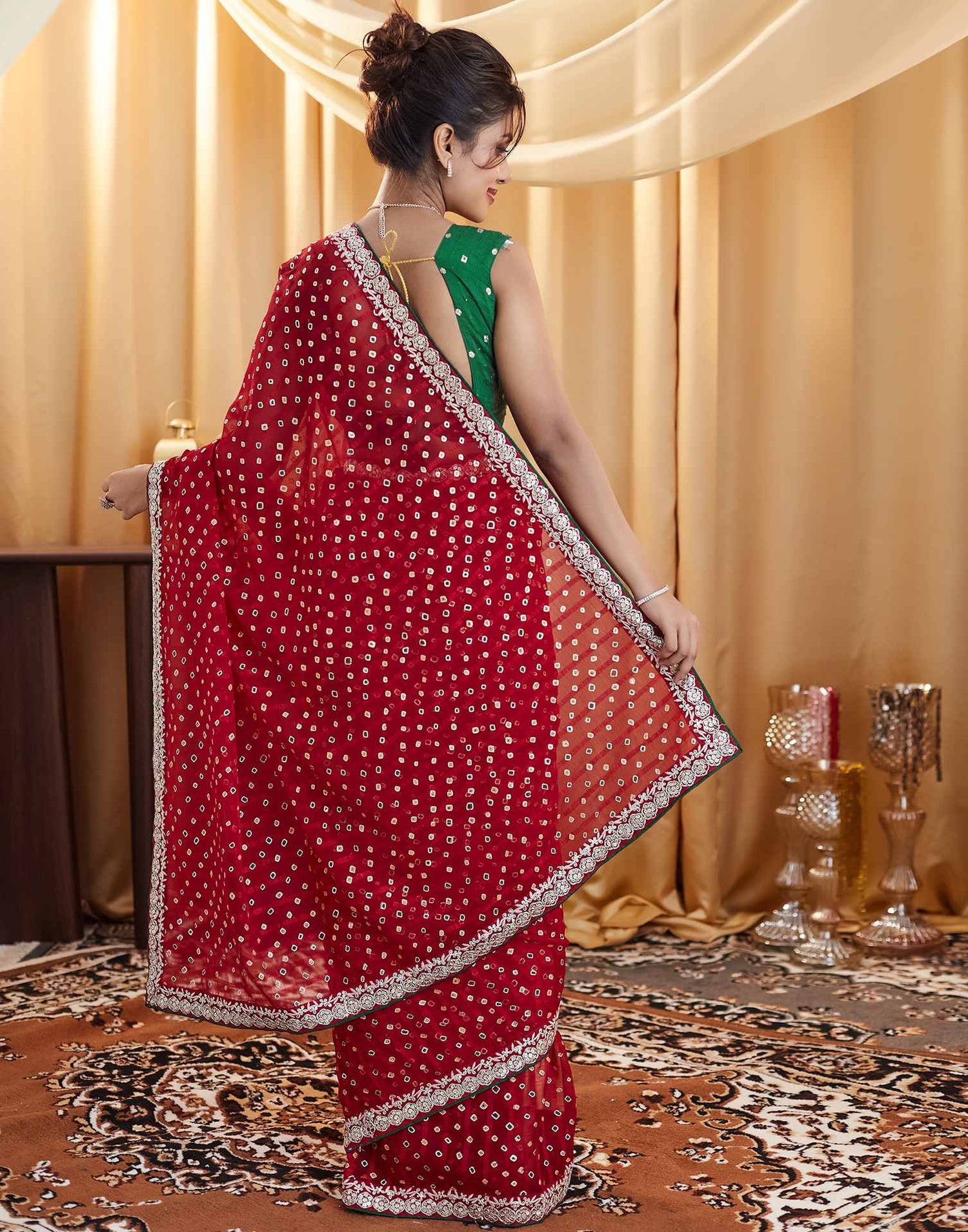 Red Bandhani Printed Georgette Saree