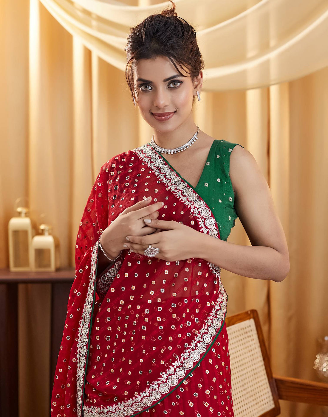 Red Bandhani Printed Georgette Saree