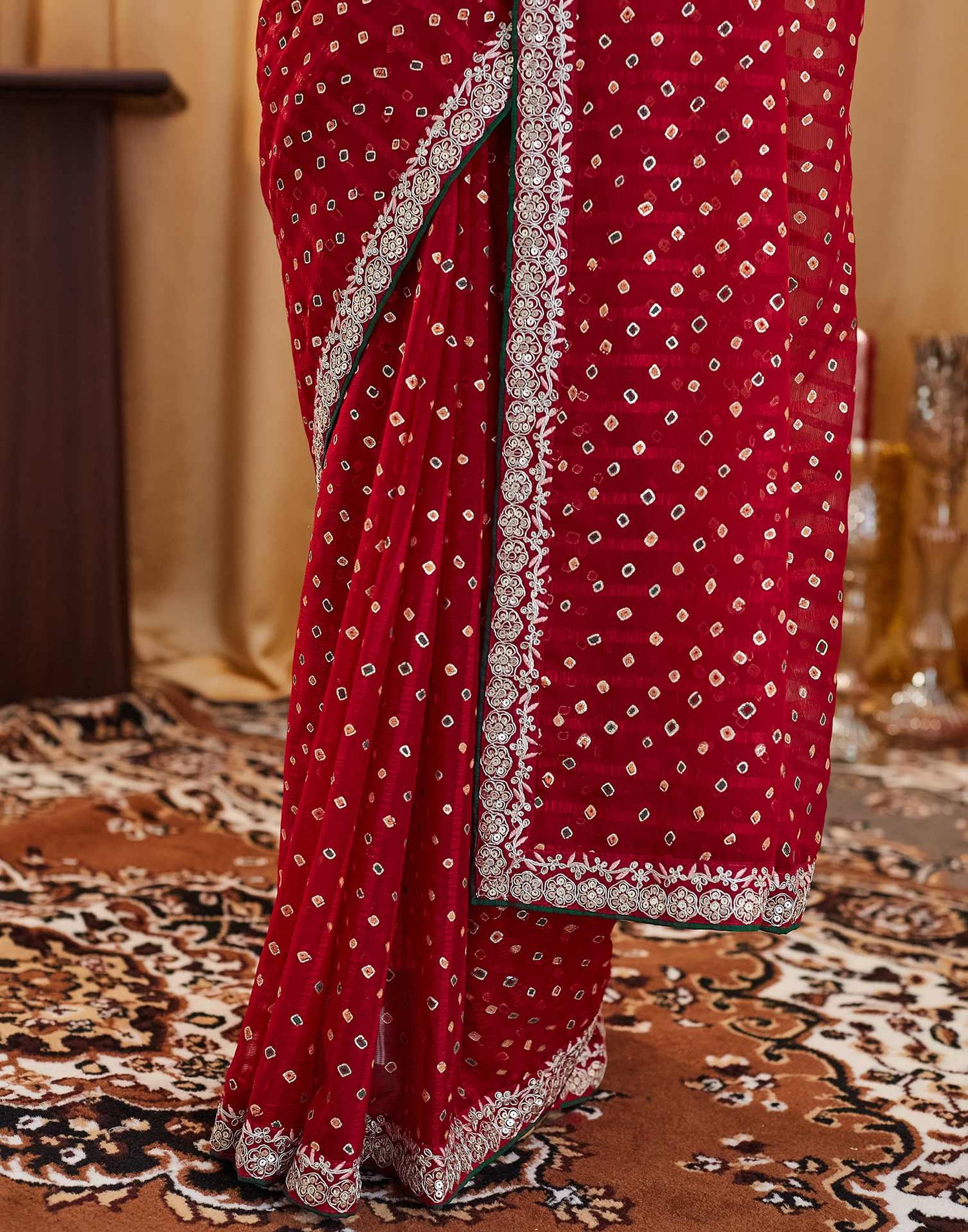 Red Bandhani Printed Georgette Saree